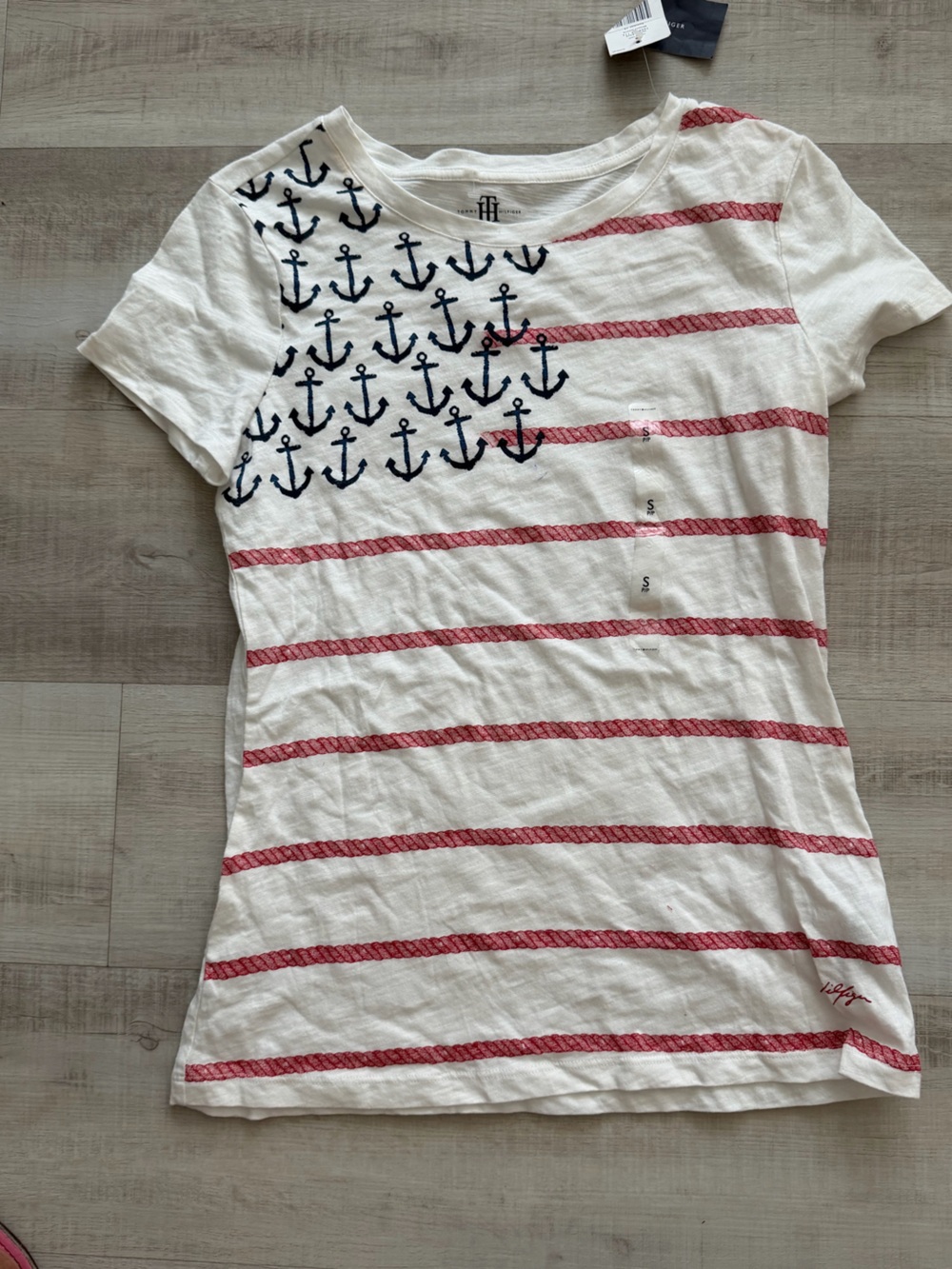 Tommy Hilfiger White Tee with Navy Anchor Print and Red Stripe